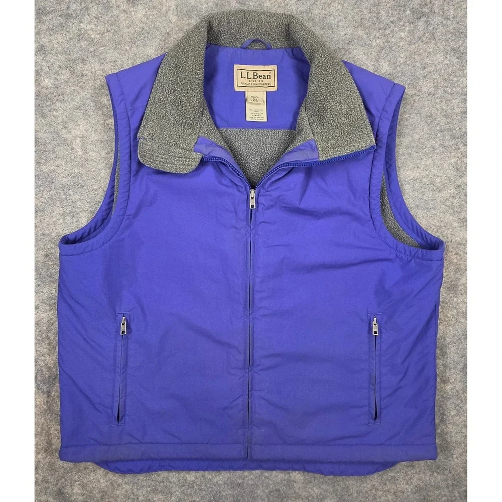 LL Bean Mens Large Blue Fleece Lined Three Season Vest Nylon Full Zip O WY07